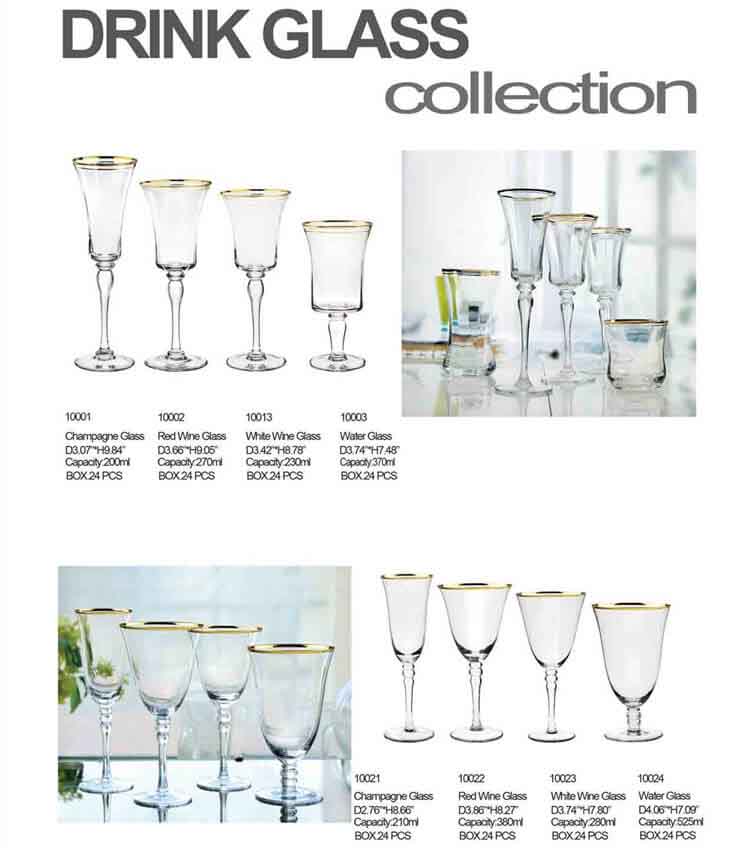 Matching drink glasses, wine glasses and water glasses with tables.