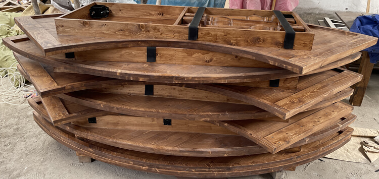 wooden serpentine farmhouse tables